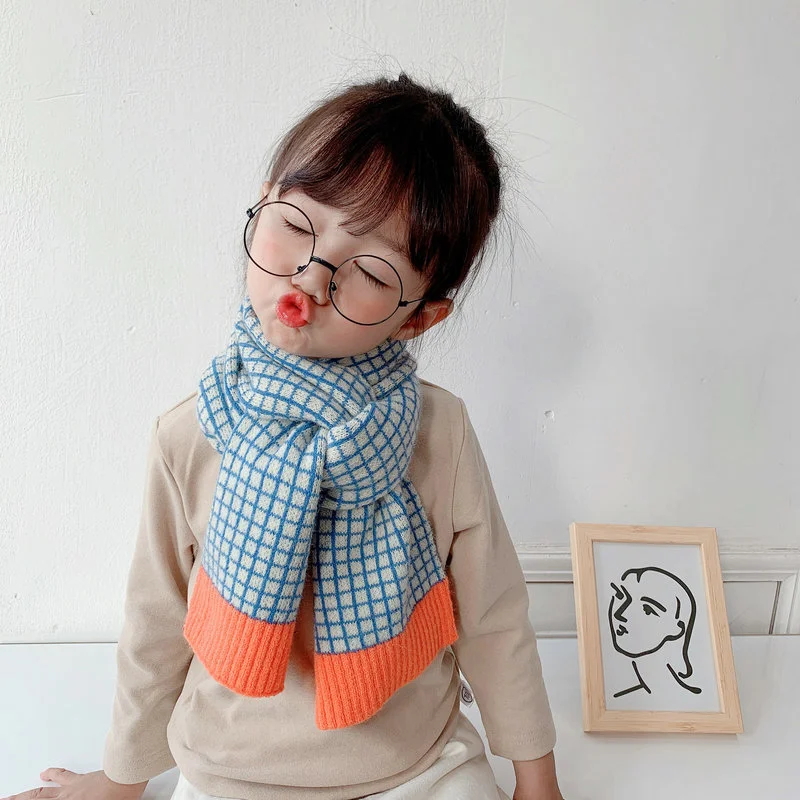 Korean Version Small Lattice Contrast Kids Woolen Scarf  Autumn Winter New Baby Girls Baby Boys Warm Scarf