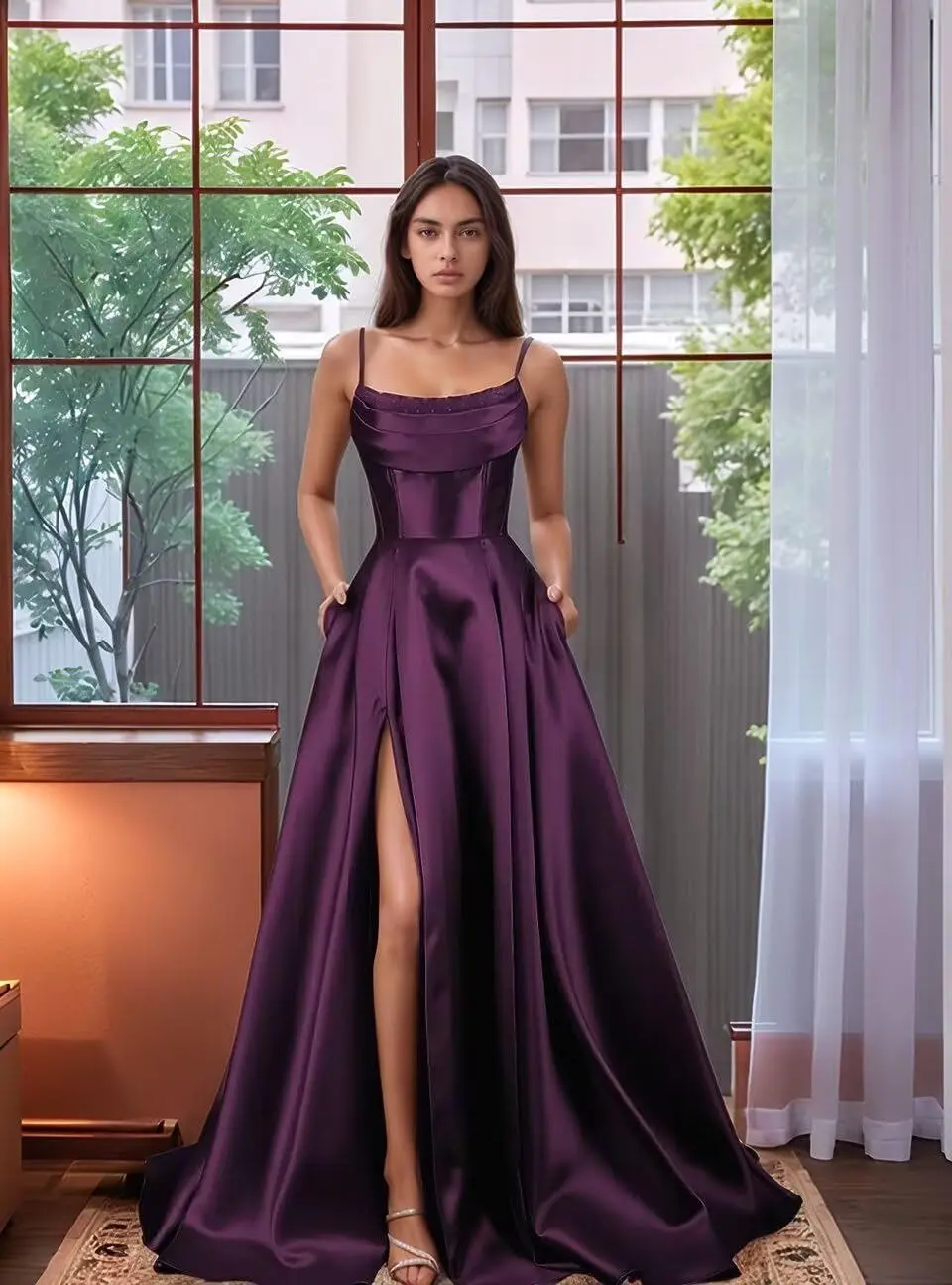 فساتين لحضور الحفلات الموسيقية من الساتان مع شق 2026 أشرطة سباغيتي ورقبة على شكل V مع جيب ثوب مسائي طويل للنساء فساتين لحضور الحفلات الموسيقية الرسمية