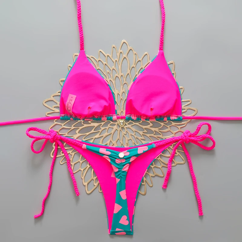 Women’s Micro Bikini Two Piece Printed Beach Thong Bikinis Triangle Top Tie Side Sexy Low Waist Bathing Suits 2026 New