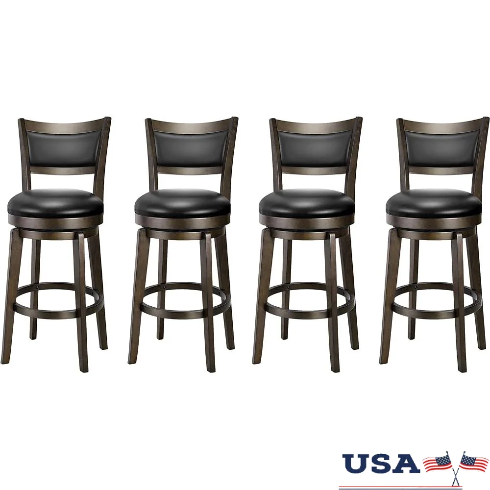 Swivel Bar Stools Set of 4 Counter Height Black Faux Leather High Back Ergonomic Kitchen Chairs 360 Degree Rotation Durable