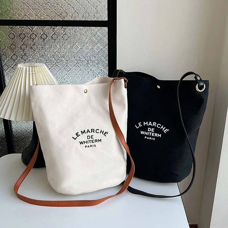 Korean Style Simple Canvas Bucket Bag Synthetic Leather Adjustable Straps Sling Bag For Women Simple Studen Christmas Gift