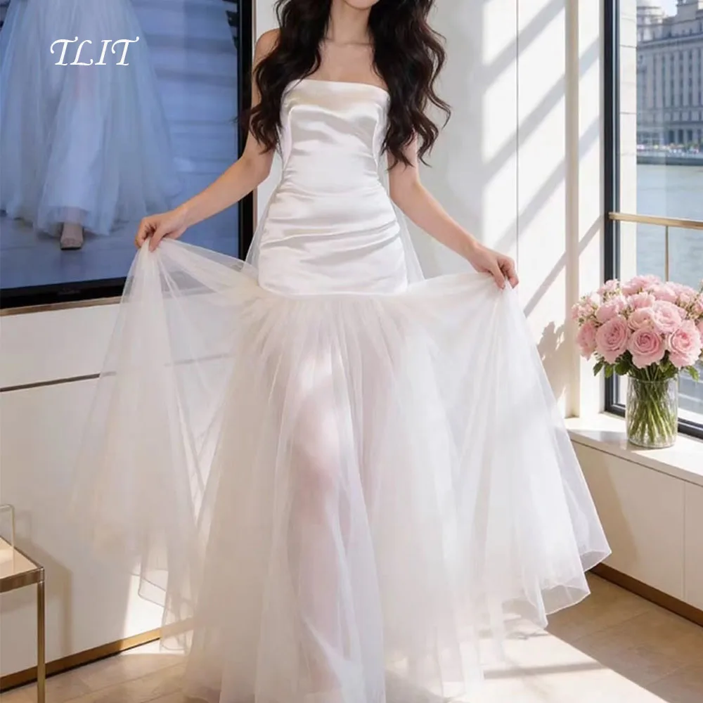 

Простое атласное вечернее платье А-силуэта без бретелек с тюлевым подолом, свадебные платья в корейском стиле, для фотосессий, на заказ