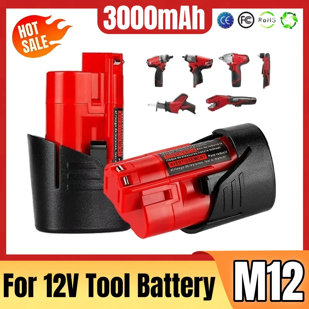 

12V 3000mAh Cordless Tool Battery Compatible with Milwaukee M12 XC 48-11-2410 48-11-2420 48-11-2411 12