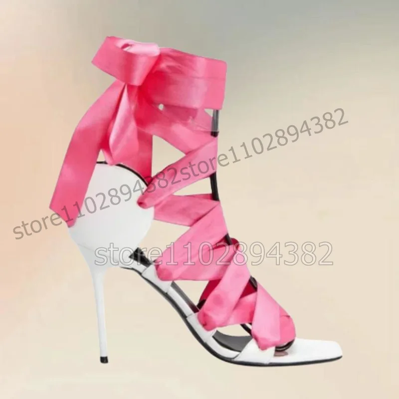 Rose Red Silk Cross Tied Open Toe Twine Sandals Lace Up Women Shoes Thin High Heels Novel Fashion Party 2023 Zapatos Para Mujere