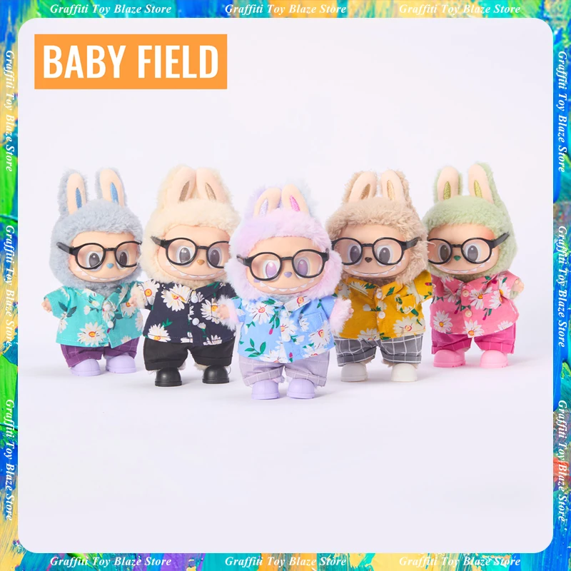 

For Labubu 17cm Hawaiian Shirt Vinyl Doll Outfit Plaid Pants Toy Accessories Summer Vacation Theme Children's Play Clothing