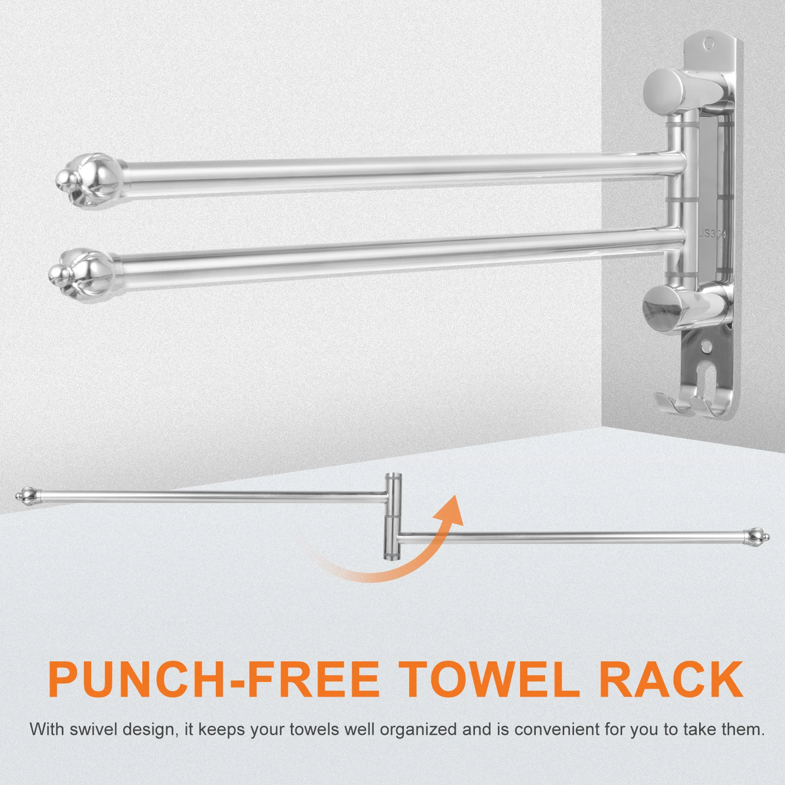 

Stainless Steel Towel Rack 180 Degree Rotating Wall Mounted Swivel Bar No Punching Required For Bathroom Hotel Use Towel