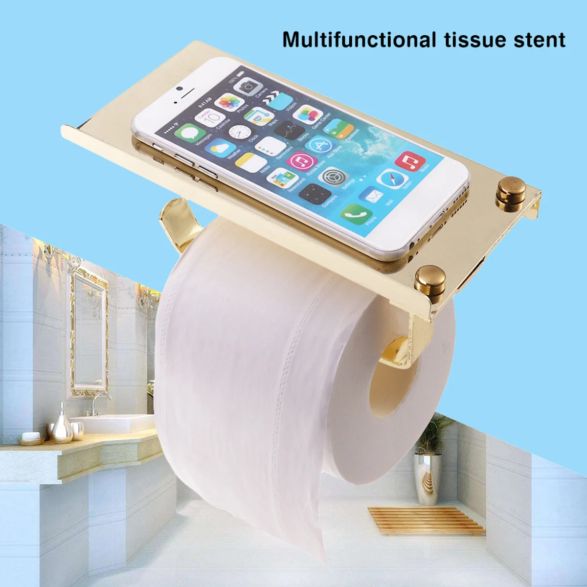 

Multifunction Tissue Holder Stainless Steel Golden 18x91x78cm Bathroom Paper Roll Stand with Phone Storage Rack for Shower Room