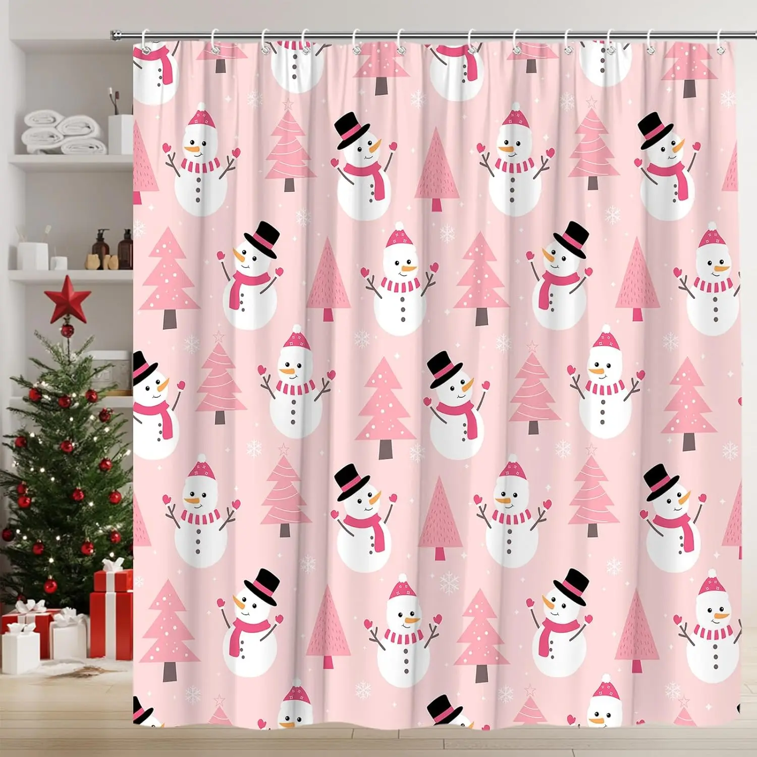

Рождественский снеговик занавеска для душа розовые рождественские елки милые забавные девчачьи зимние каникулы полиэфирная ткань набор декора для ванной комнаты с крючками