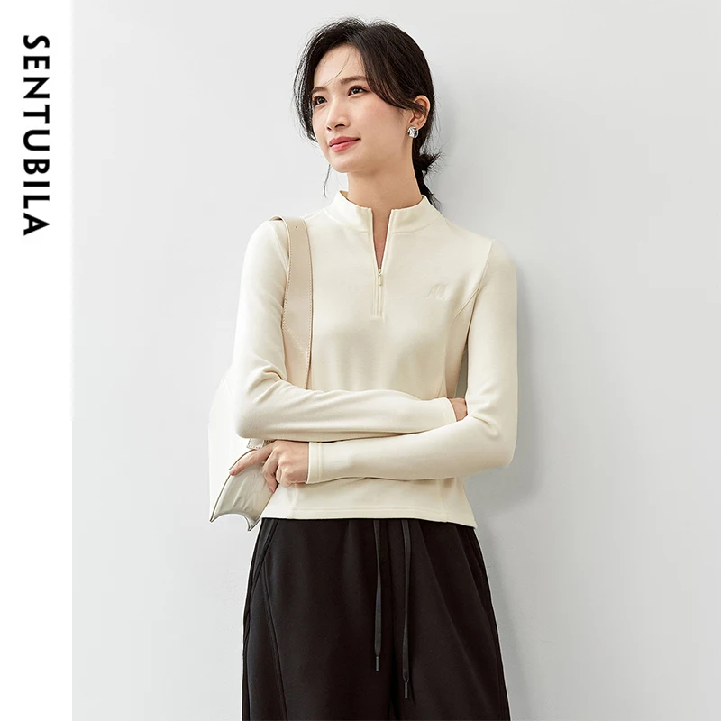 

SENTUBILA Simple Knitted Embroidery T-shirt Women Autumn Winter Slim Fit Zipper Stand Collar Solid Comfort Women Tops 143T56422