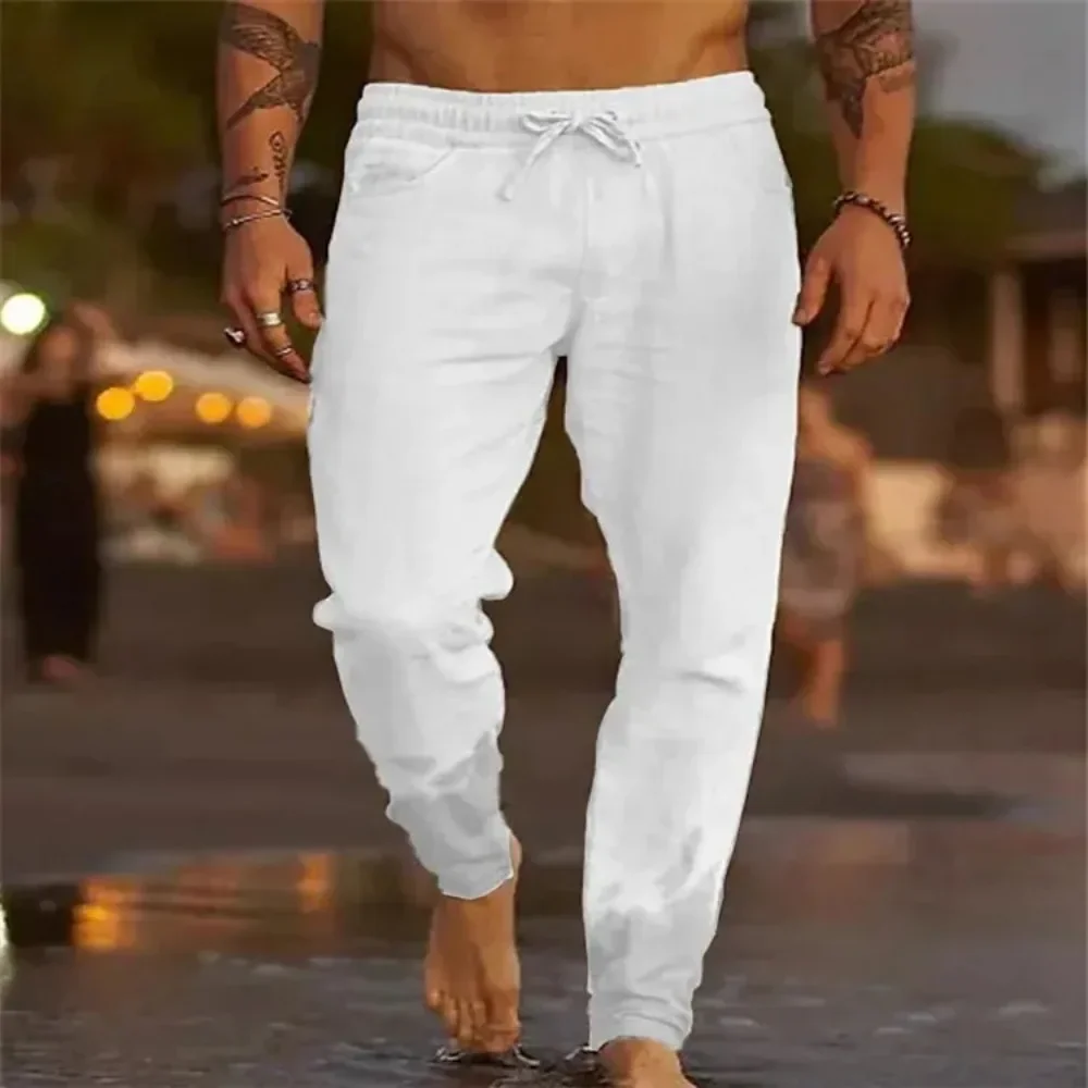 Men's Beach Pants Joggers Streetwear Cotton Linen Sweatpants Casual Pants Hawaiian Vacation Loose Summer Straight Pants Male