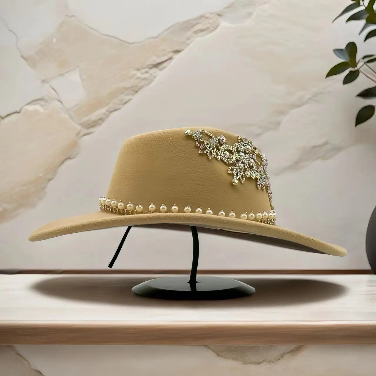 HongLuan Khaki Disco Kostüm Hut Erwachsene, Cowboyhüte Strass für Frau, Cowboy Cosplay Damen Accessoires & Cowgirl Cap