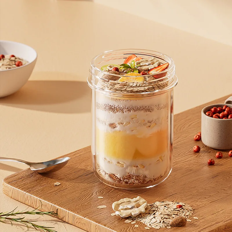 Glass Overnight Oatmeal Jar with Spoon and Cereal Salad Shaker Cup, Pre-Meal Containers, Mason Jar, Storage Jar