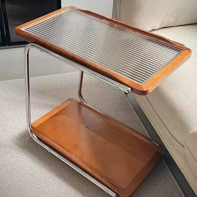 Simple solid wood edge few living room coffee table movable trolley glass