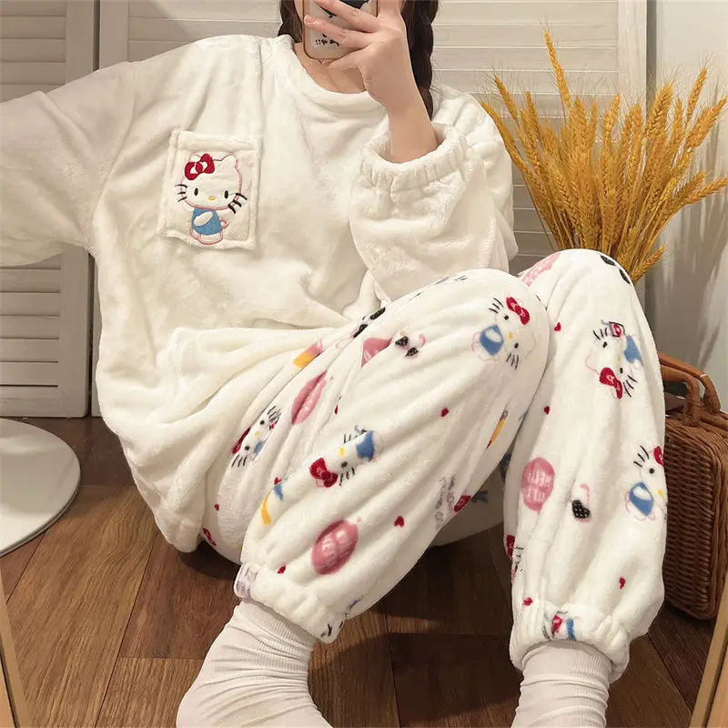 Kawaii Hello Kittys Women\'s Pajamas Autumn Winter Sanrios Velvet Thickened Coral Velvet Cute Student Home Clothes Two-Piece Suit