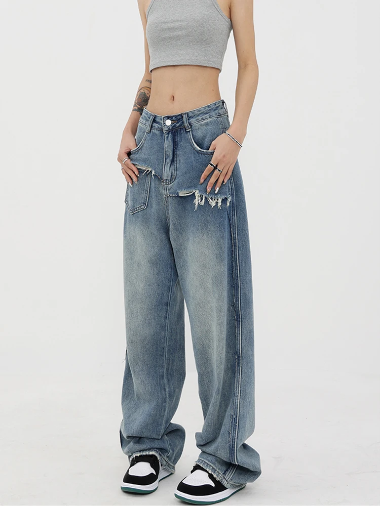 American Vintage Y2k Fashion Women Harajuku Jeans Punk Loose Casual PocketDenim Cargo Pants Baggy Streetwear Long Trousers Tide