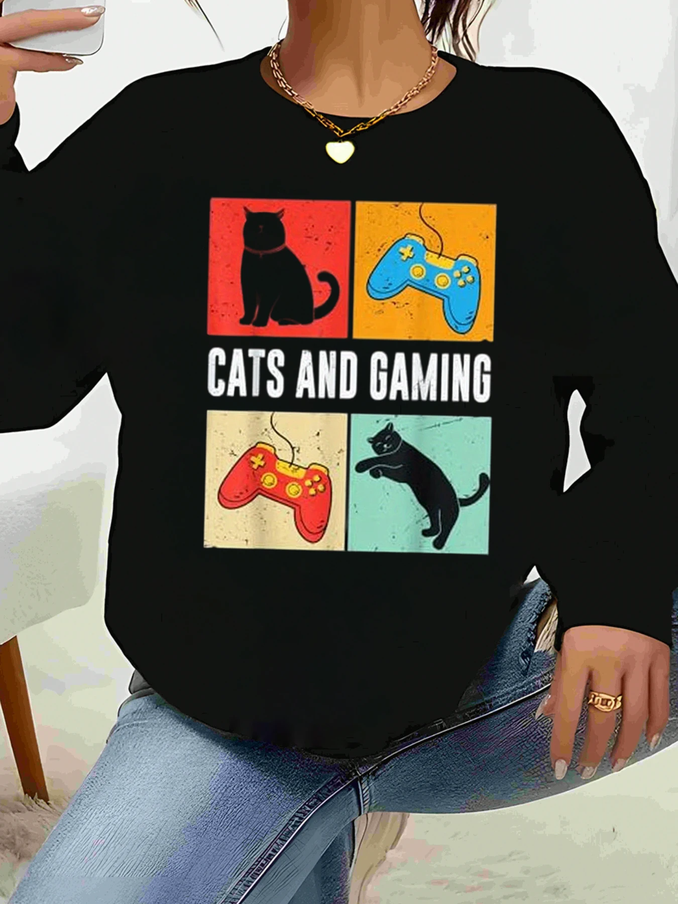 سترة كاجوال بأكمام طويلة مطبوعة على شكل قطط وألعاب للنساء ملابس يومية