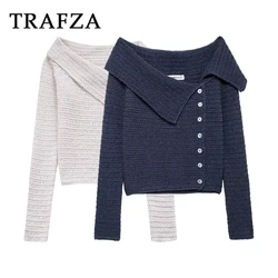 TRAFZA 2024 Autumn Women Vintage Knitted Holiday Cardigan Single Breasted Slim Coats Turn Down Collar Women Casual Sweaters