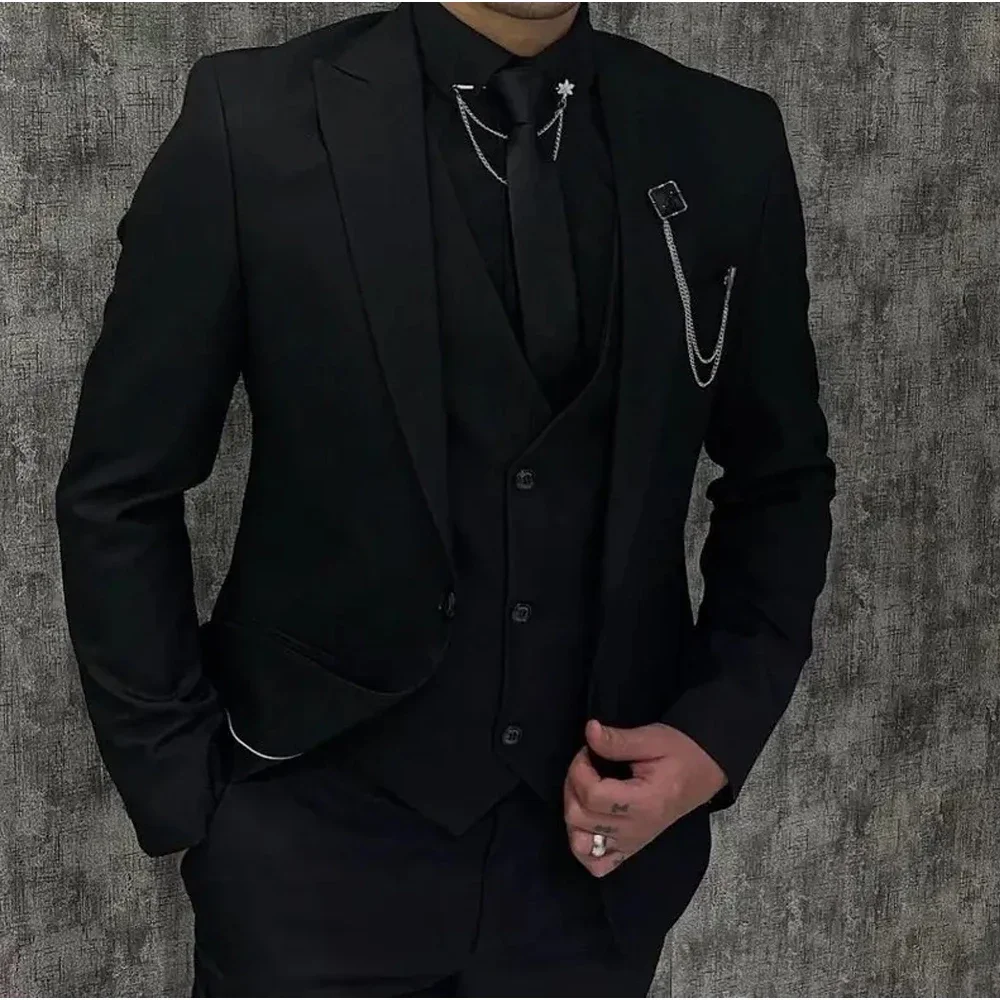 Conjunto de blazer formal de lapela masculino, ternos negros, festa de casamento de baile, traje personalizado de 3 peças, 1 botões