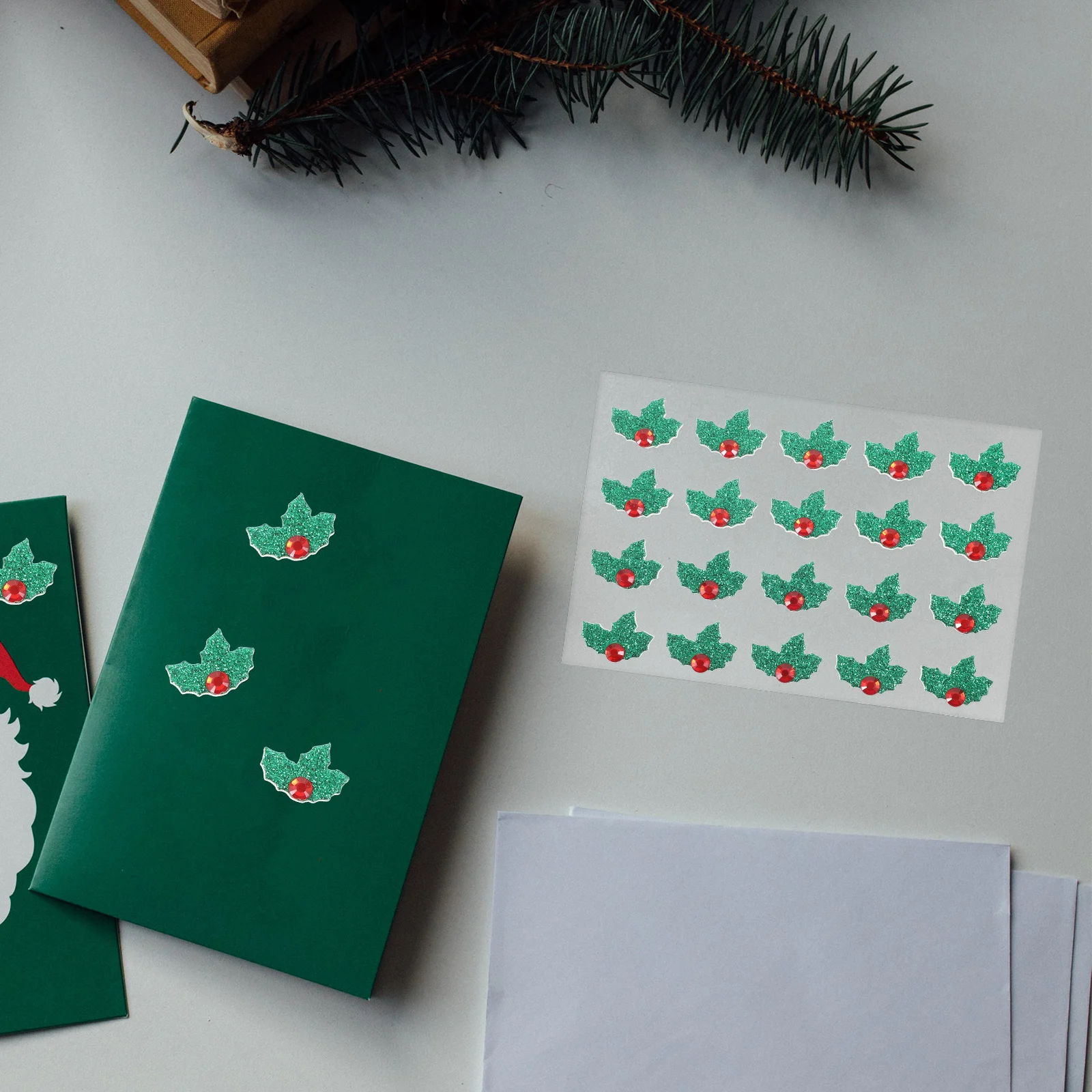 

5 листов рождественской наклейки с клевером, декоративные наклейки в виде листьев, декоративный кристалл, Холли, зеленый цвет