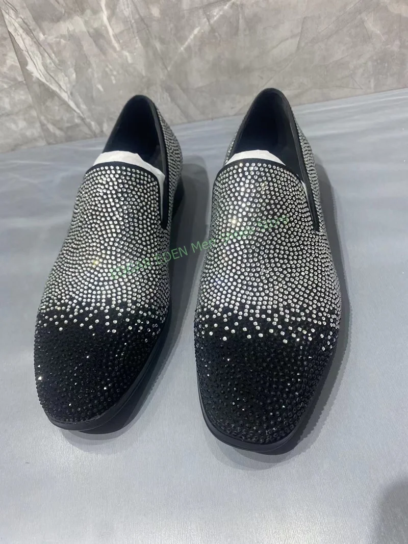 High Quality Men's Black Studded Loafer Shoes Round Toe Male Comfortable Slip On Low Heel Gradient Color Formal Single Shoes