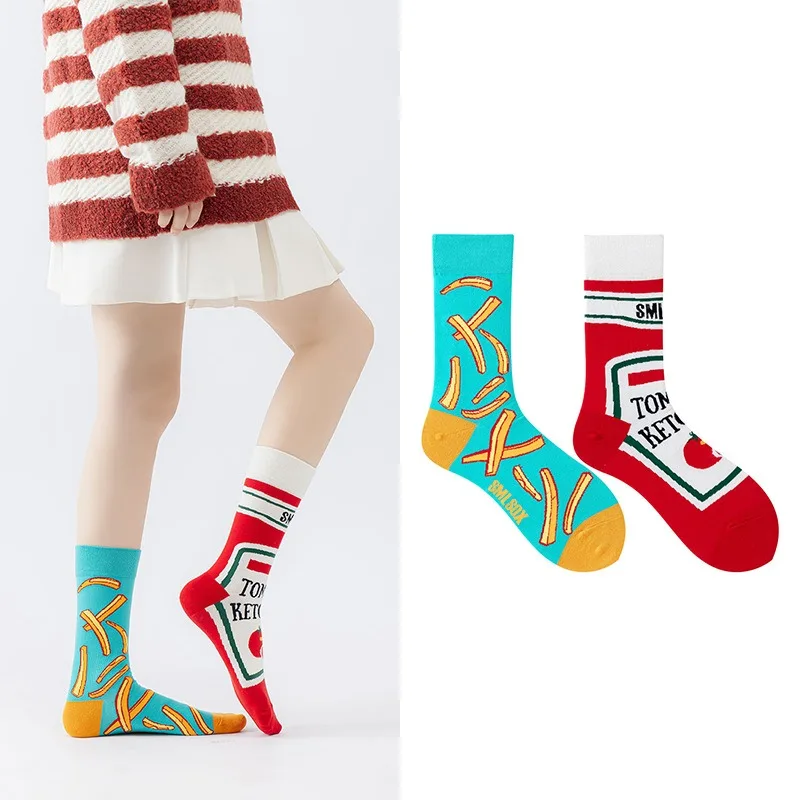 【1 Paar】Cartoon-Unisex-Socken im lustigen AB-Stil mit Tomaten-Ketchup- und Pommes-Frites-Aufdruck, geeignet für alle Jahreszeiten