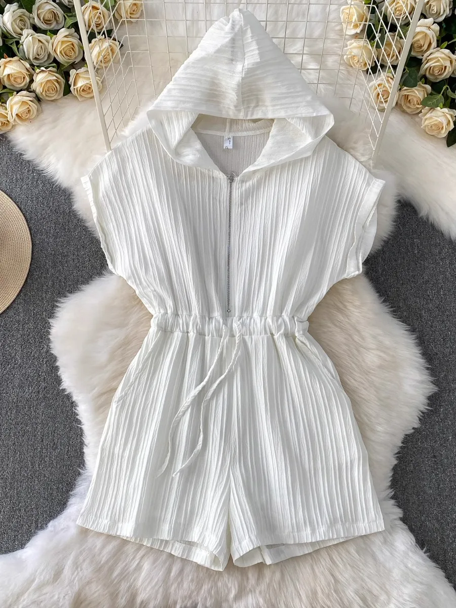 Foamlina Hot Girl Drawstring Waist Wide Leg Jumpsuit Women 2025 Summer Designer Half Zip Hooded White Slim Bodysuit Top