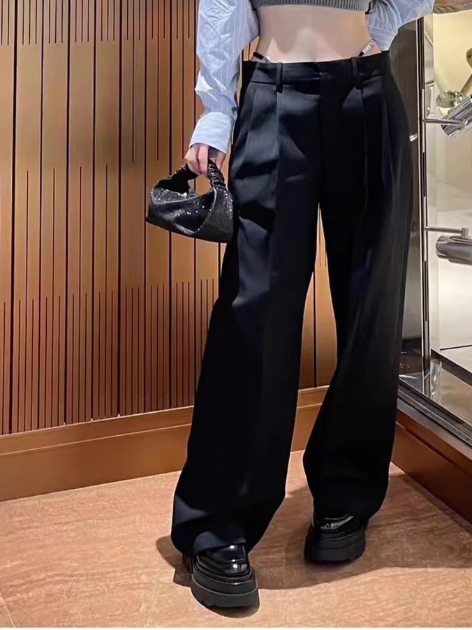 

Корейский костюм с высокой талией и широкими штанинами, женские брюки в стиле бикини с эффектом бриллиантов, прямой крой, длиной до пола, брюки