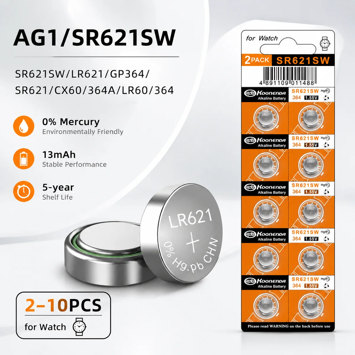 Button Cell Battery AG1 LR621 1.55V 2-10PCS 364 V364 164 531 SR621SW CX60 For Watch Key Fob Remote Toy Replacement