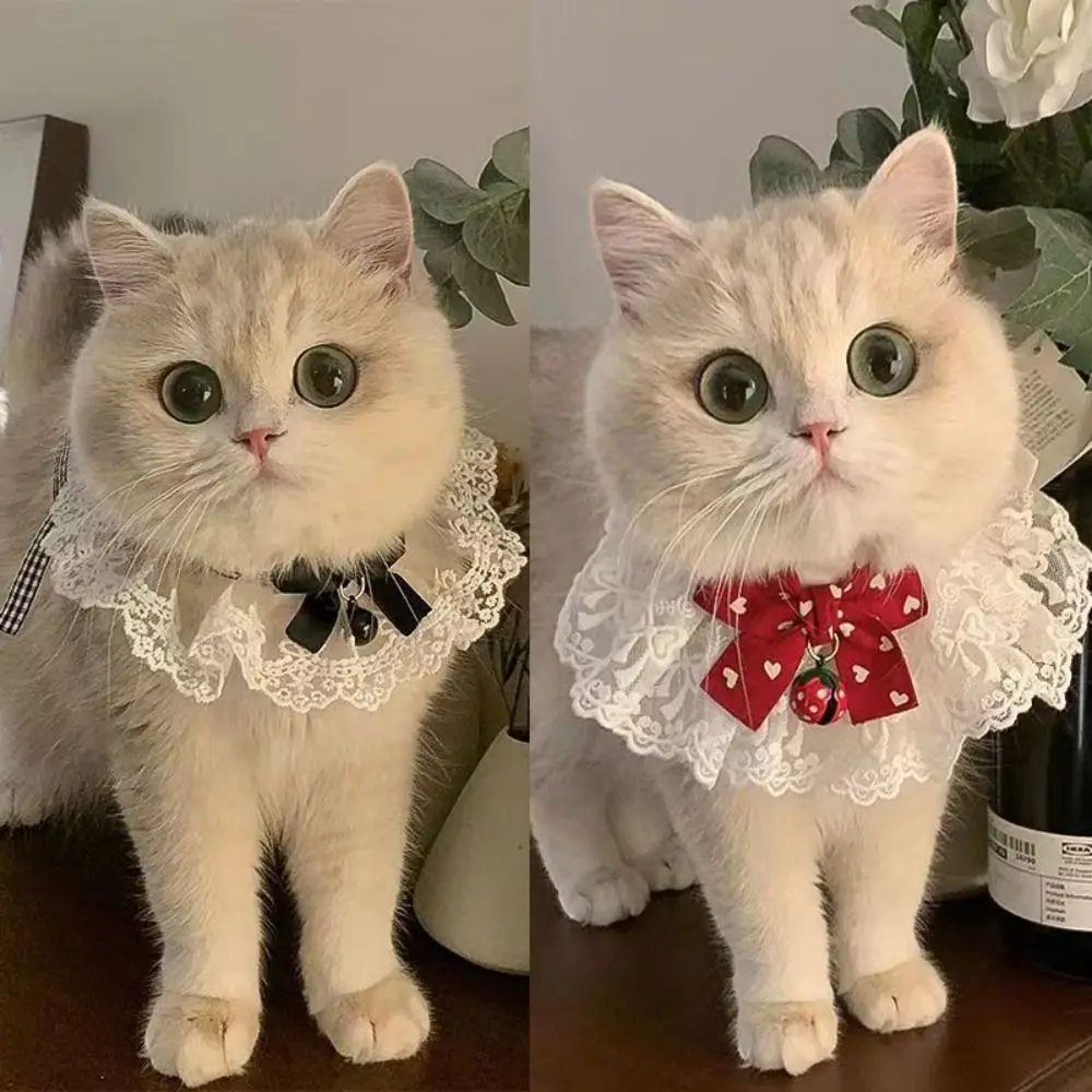 Cute Bow Decor Cat Collar Bell Heart Prints Cat Bib Pet Scarf Organza Lace Bibs