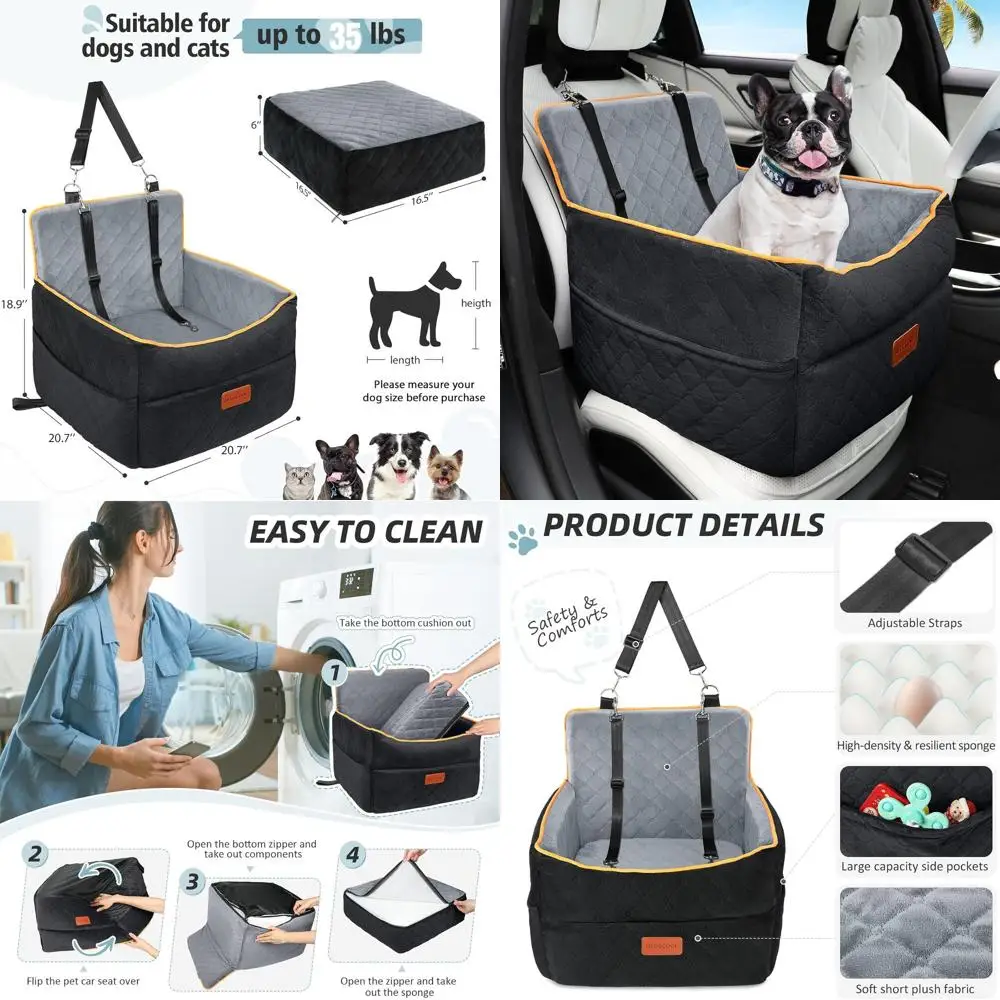 

Memory Foam Dog Booster Seat with Cushion for Medium Dogs Under 35lbs, Washable Car Seat Bed with Storage Pockets and 2 Safety B