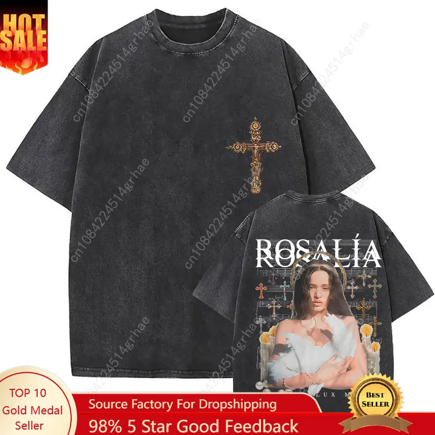 

Vintage Washed Rosalia Lux Tour 2025 Print T Shirts Men Women Harajuku Aesthetic Oversized 100% Cotton T-shirt Loose Streetwear