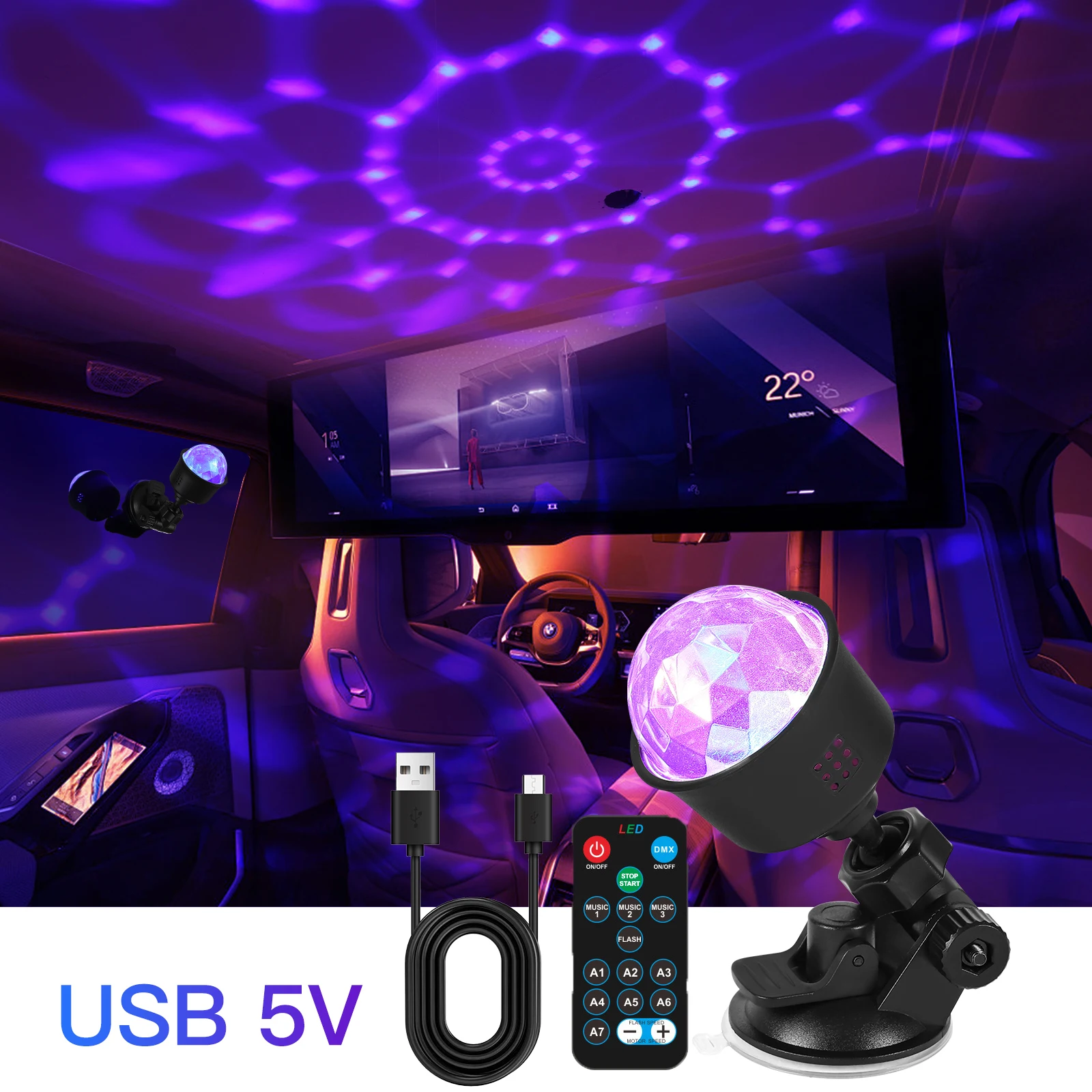 RGB Sound Activated LED Disco Ball Light with Remote Control Rotating DJ Stage Lamp for Home Car Party Club Christmas Decoration