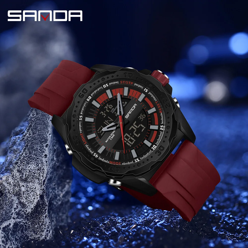 

SANDA хит продаж 3373, студенческие электронные часы с двойным экраном, модные спортивные многофункциональные водонепроницаемые светодиодные мужские электронные часы