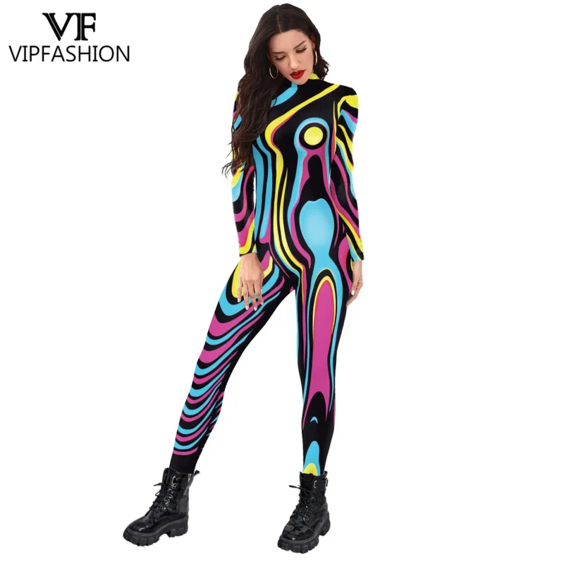 VIP FASHION Women Jumpsuits Ladies Bodysuit Party Sexy Romper Art Print Colorful Costume Burnning Man Festival Outfit Female XC9