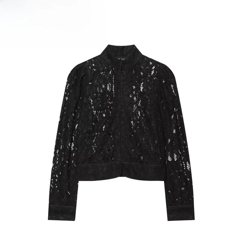Fashionable Lace Suit Jacket Women's Short Outerwear Versatile Style Breathable Polyester Fiber Long Sleeve Button Closure