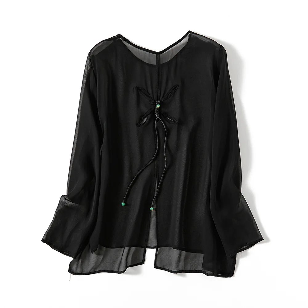 Winsleter-100%Silk Elegant T-Shirt, O Neck Long Sleeve Tassel, Women Beach Vacation Sunscreen Thin Top, 2026 Summer New T65650CC