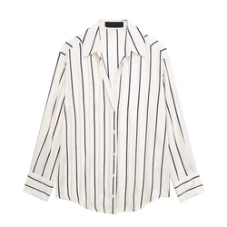 Tangada Women Striped Satin Blouse Shirt Long Sleeve 2024 Chic Female Top 3H0264