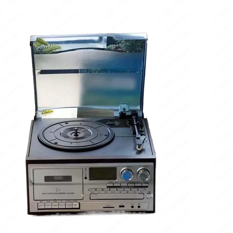 Classic Retro Turntable, All-in-One Vinyl Record Player with CD Cassette Tape, Desktop Music System