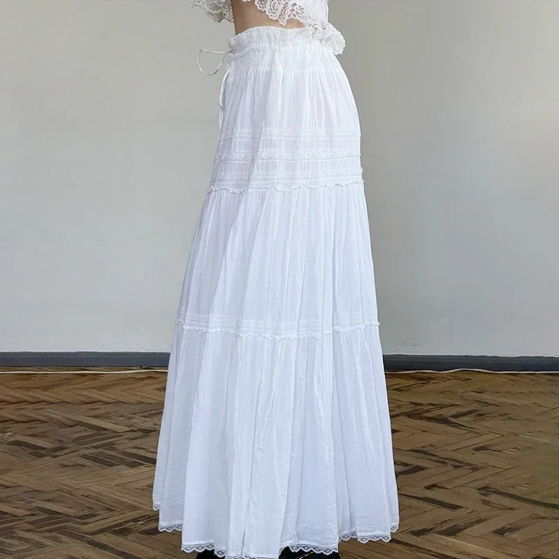 French Pleated Lace Patchwork Skirt, A-line High Waisted Long Skirt, Women's Draped Small White Skirt