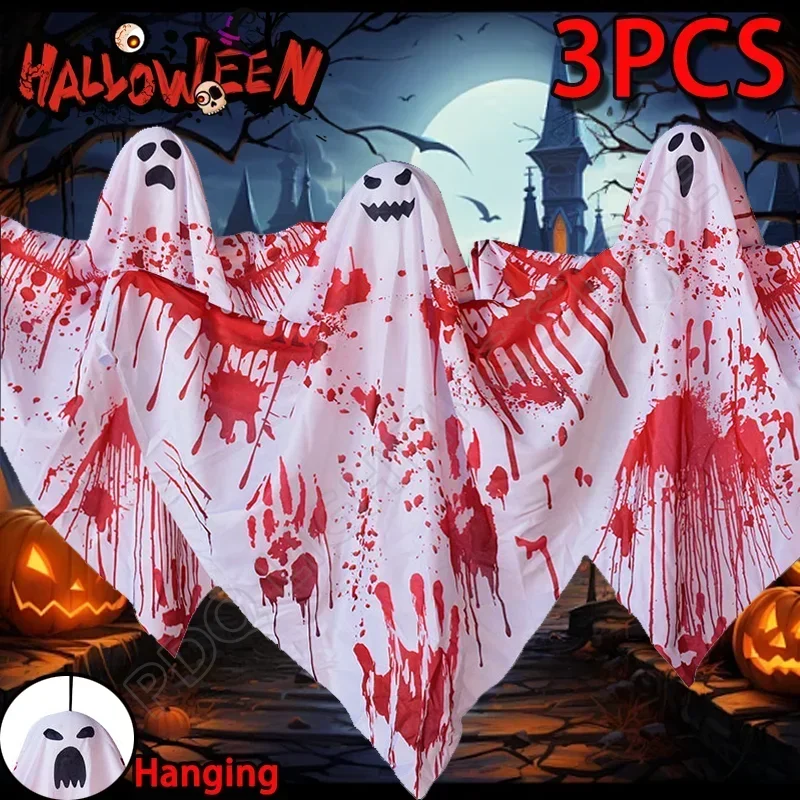 3PCS Halloween Hanging Ghost Bloodcloth Horror Prop Escape Room Haunted House Decoration Set for Scary Party Use