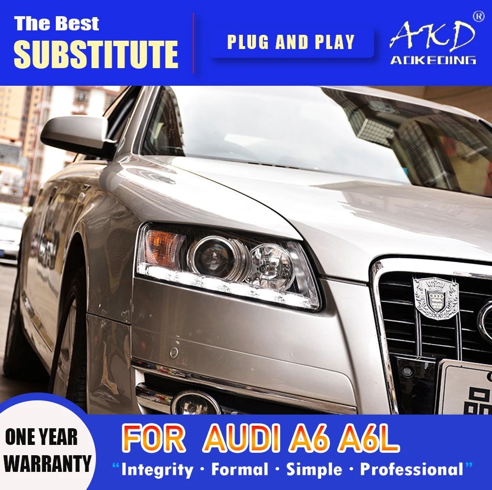 

Налобный фонарь AKD для AUDI A6 светодиодный, фары 2004-2011, фары A6L DRL, сигнал поворота, фара дальнего света, линза проектора Angel Eye