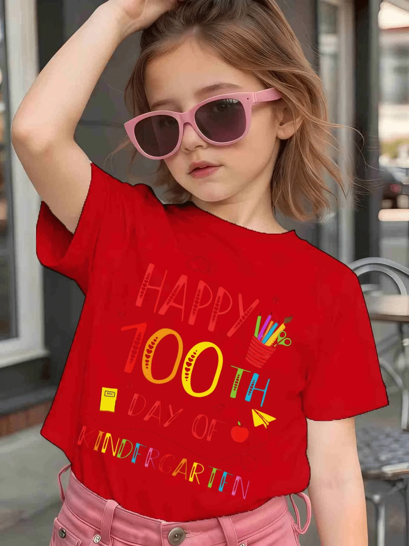 Child Family Tee Happy 100th Day Kindergarten Pencil Apple Print Boys Girls Short Sleeve Soft Back To School Daily Casual Tops