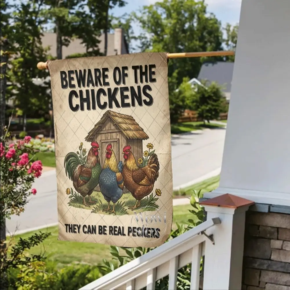 Garden Flag Chicken Funny Beware Sign 12x18 Inch, Rustic Rooster Pattern, Double Sided Burlap Yard Banner, Weather Resistant AAM