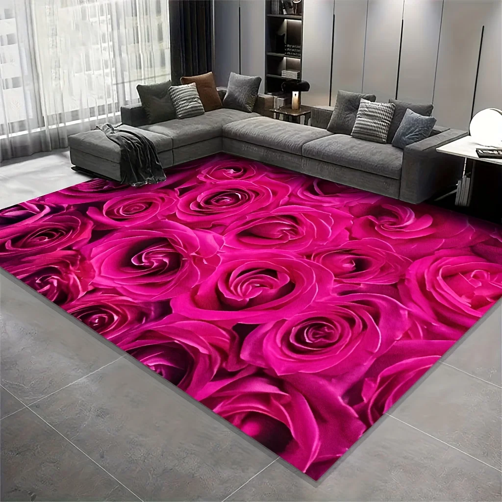 1pc Ins‑Style Rose Pattern Area Rug, Washable, Non‑Slip, Soft Comfortable And Durable, Easy To Clean, Versatile Home Indoor