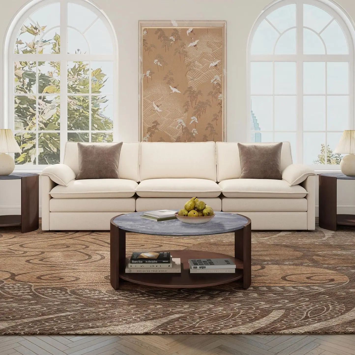 Modern Nesting Coffee Table Set Of 2, Round Living Room Center Table With End Table, Rustic Walnut Curved Table With Black Faux