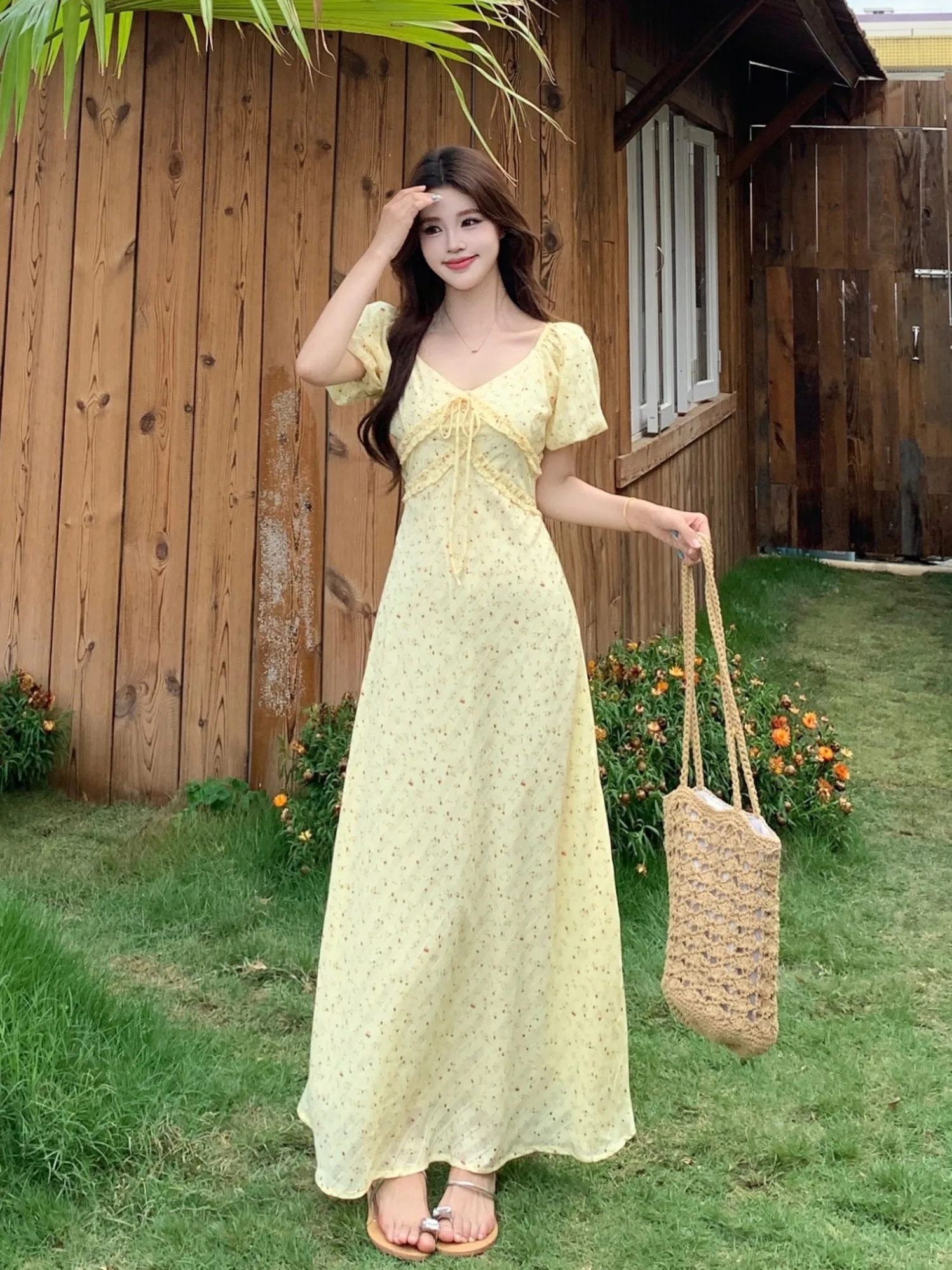 

plus Size Floral Print Bubble Sleeve Short Sleeve A-Line Dress Women Summer New Style Waist Cinching Belly Covering Dress