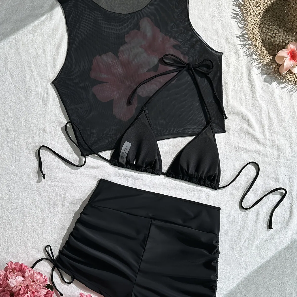 Women 3 Piece Hibiscus Print Bikini Set with Mesh Tank Top & Boyshort Triangle Halter Swimsuit Drawstring Bottom Beachwear