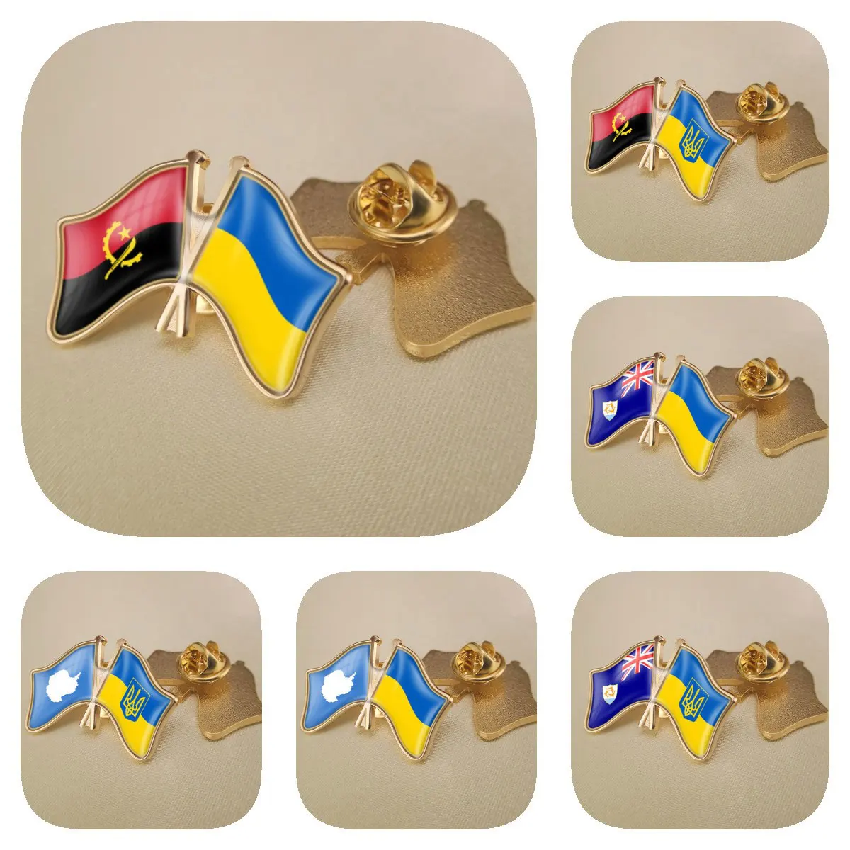 Ukraine and Angola Anguilla Antarctica Double Crossed Friendship Flags Brooches Lapel Pins Bradges