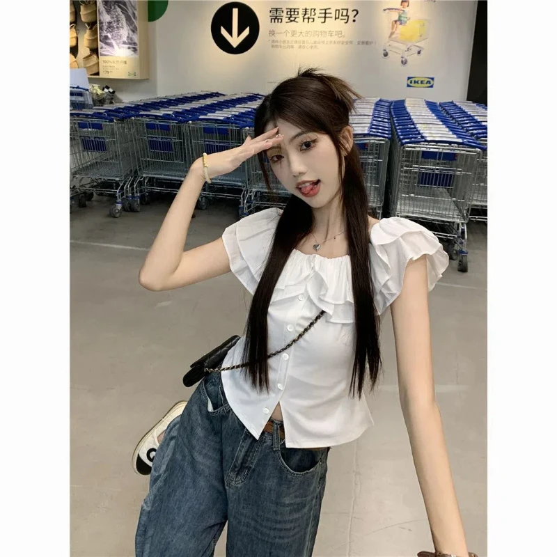 Sweet Hot Girl One-shoulder Flying Sleeves Ruffled White Shirt Chic Short Top