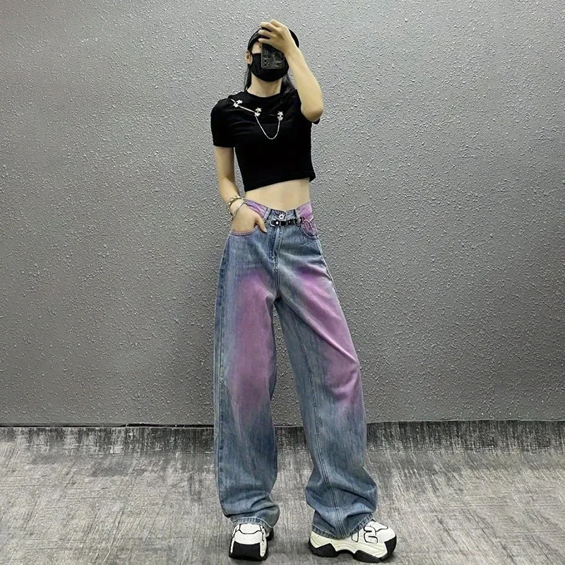 Washing Gradient Color Y2K Baggy Jeans Women Vintage American Style High Waist Straight Trousers StreetWear Wide Leg Denim Pants